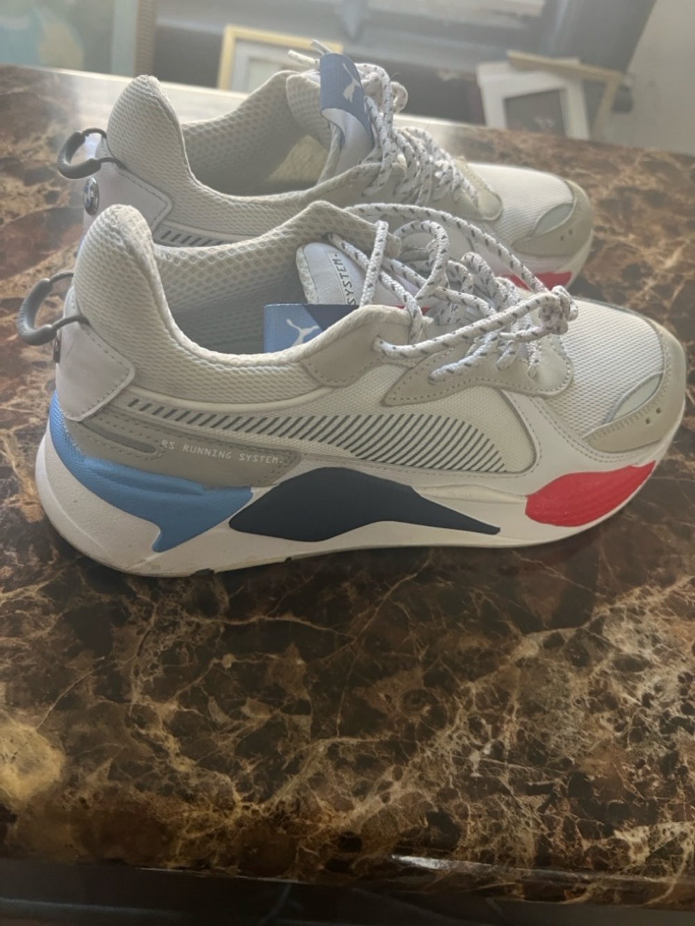 Puma mens White Sneakers with Blue and Red Accents